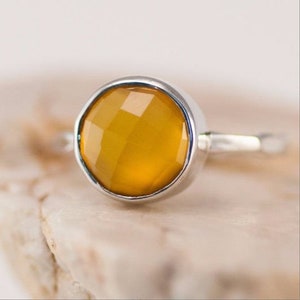 Yellow Crystal Solitaire Ring, Summer Jewelry, Yellow Chalcedony Ring Gemstone Ring Stacking Ring Gold Plated Cushion Cut Ring image 9