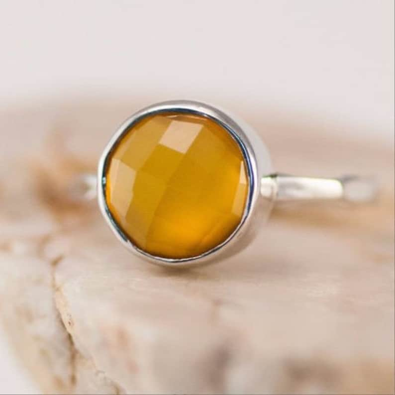 Yellow Crystal Solitaire Ring, Summer Jewelry, Yellow Chalcedony Ring Gemstone Ring Stacking Ring Gold Plated Cushion Cut Ring image 9