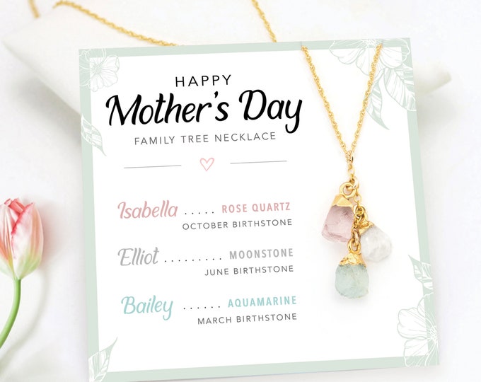 Personalized Crystal Necklace for Mom, Necklace on a Greeting Card, Raw Birthstone Mothers Day Gift from Daughter, Family Tree Jewelry Gift