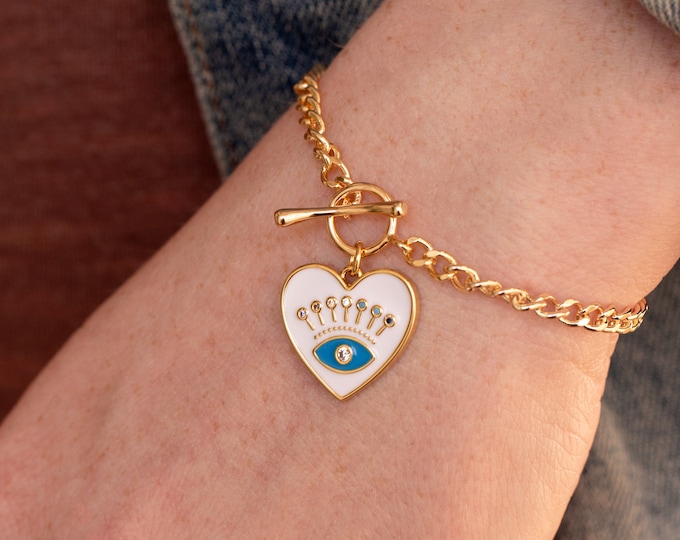 Gold Evil Eye Bracelet, Protection Bracelet, Gold Curb Chain, CZ Enamel Heart Charm Toggle Bracelet, Thick Chunky Chain Jewelry Christmas