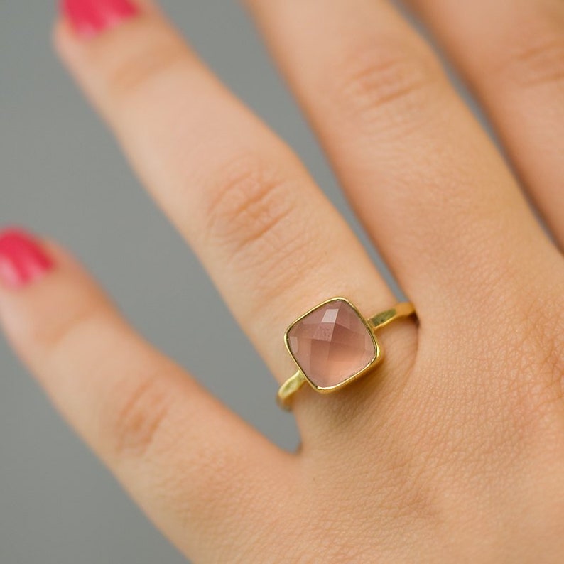 Pink Chalcedony Ring Gold, October Birthstone Ring, Rose Quartz Stone Ring, Gemstone Ring, Stackable Ring, Round Stone Ring image 6