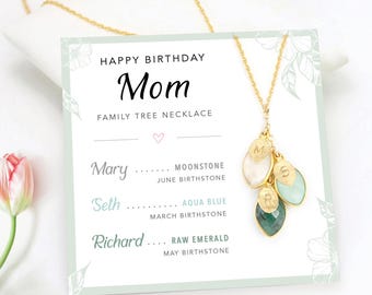 Personalized Birthday Gift Necklace, Meaningful Jewelry for Mom Necklace on Card, Custom Family Tree Necklace with Kid's Birthstone