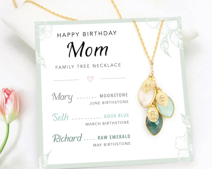 Personalized Birthday Gift Necklace, Meaningful Jewelry for Mom Necklace on Card, Custom Family Tree Necklace with Kid's Birthstone