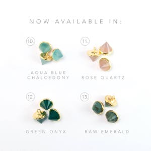 May include: Four different types of gemstone pendants, each with a gold setting. The pendants are arranged in a grid pattern, with the names of the gemstones listed below each one. The gemstones are aqua blue chalcedony, rose quartz, green onyx, and raw emerald.