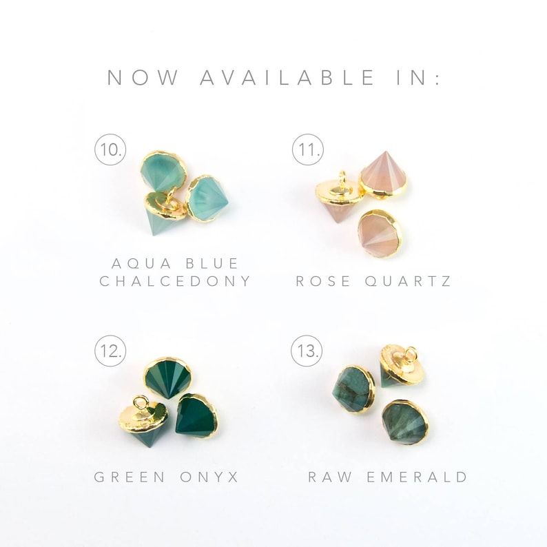 May include: Four different types of gemstone pendants, each with a gold setting. The pendants are arranged in a grid pattern, with the names of the gemstones listed below each one. The gemstones are aqua blue chalcedony, rose quartz, green onyx, and raw emerald.