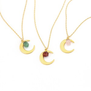 Taurus Horoscope Necklace, Celestial Necklace, Stone Necklace, Zodiac Jewelry, Crescent Moon, Raw Emerald Stone, Dainty Moon, NK-N image 2