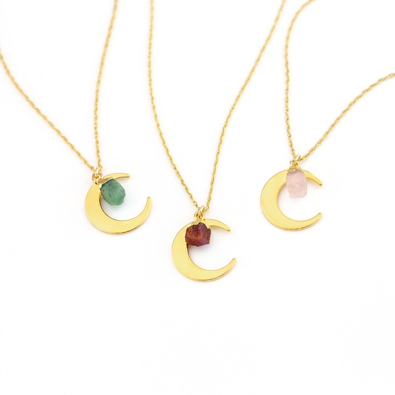 Taurus Horoscope Necklace, Celestial Necklace, Stone Necklace, Zodiac Jewelry, Crescent Moon, Raw Emerald Stone, Dainty Moon, NK-N image 2