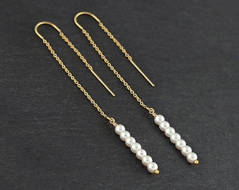 White Pearl Bar Earrings, Bridesmaid Earrings, Long Minimalist Bridal Threaders, Gold Chain Earrings, Gem Bar Earrings