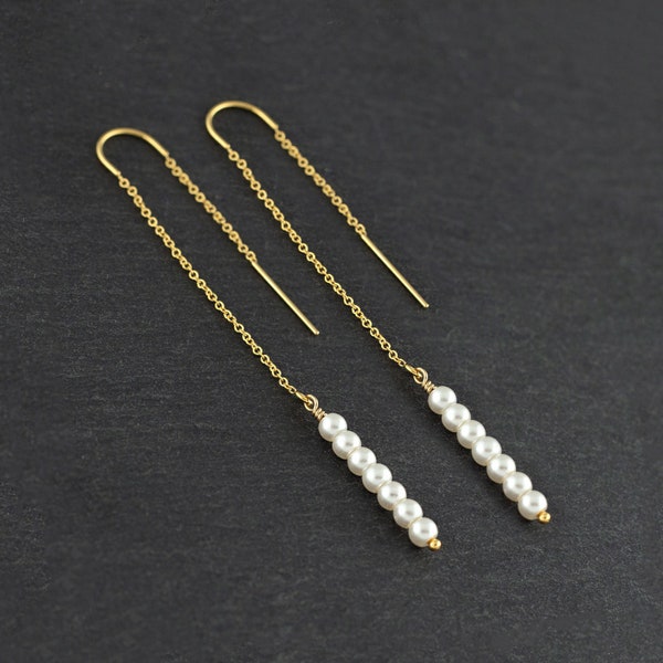 White Pearl Bar Earrings, Bridesmaid Earrings, Long Minimalist Bridal Threaders, Gold Chain Earrings, Gem Bar Earrings