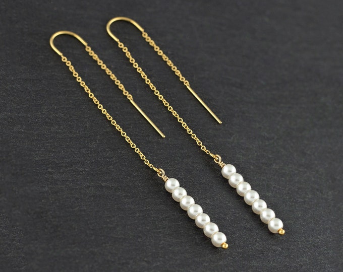 White Pearl Bar Earrings, Bridesmaid Earrings, Long Minimalist Bridal Threaders, Gold Chain Earrings, Gem Bar Earrings
