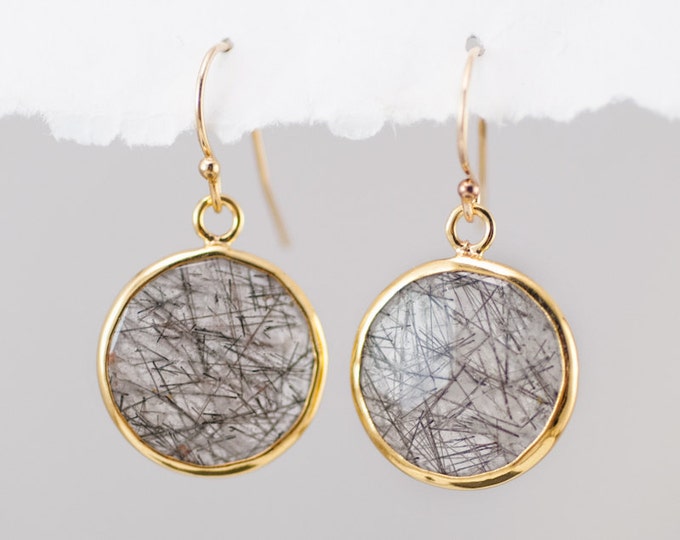 Tourmalated Quartz Earrings, Rutilated Quartz Earrings, Round Gemstone Earrings, Gold Dangle Drop Earrings, Minimalist Gemstone Jewelry