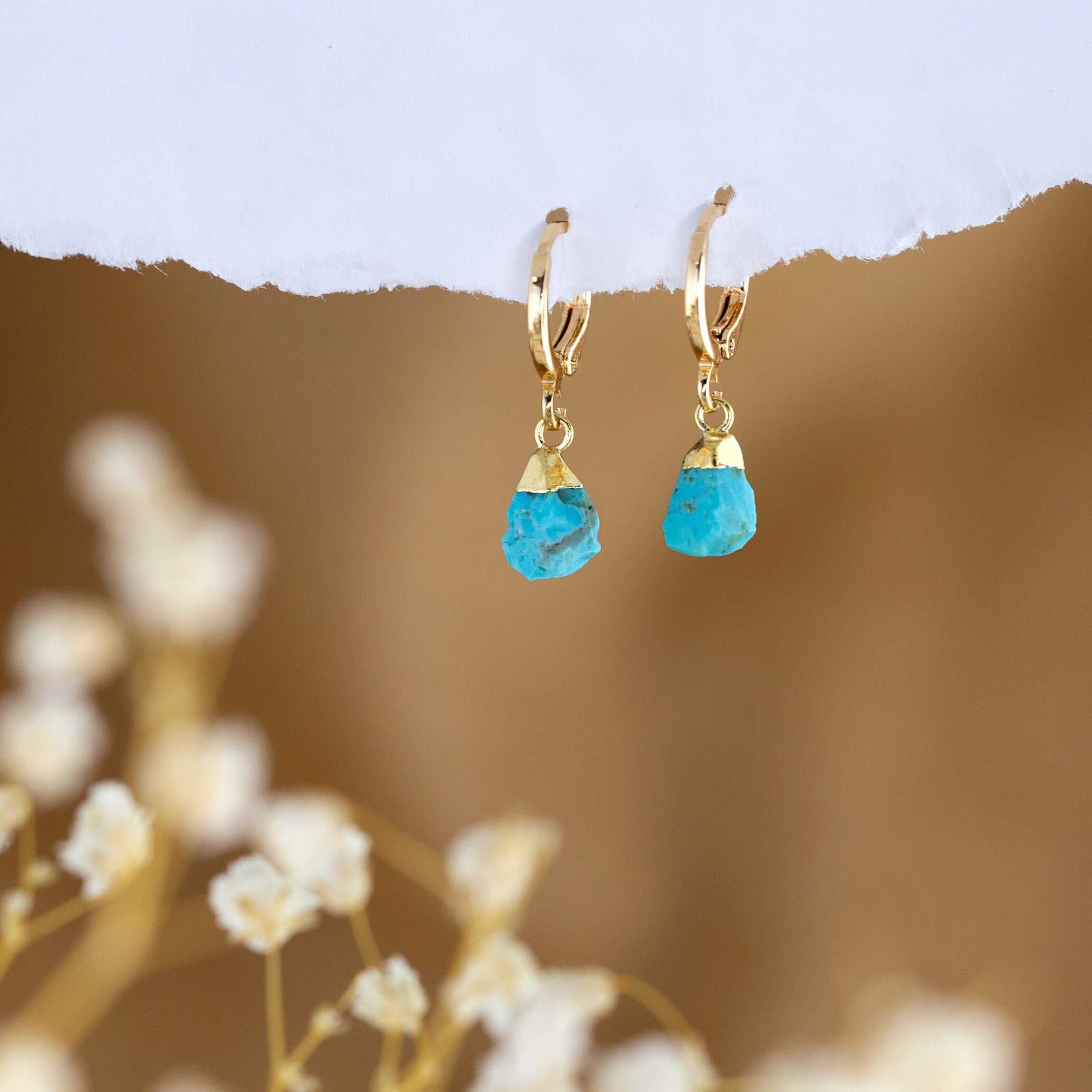 Gold Huggie hoop earrings with turquoise stones, Raw Crystal turquoise  gemstone huggie hoop earrings, Turquoise Dangle Hoop Earrings