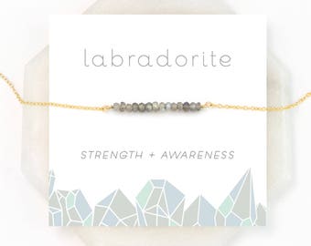 Labradorite Layering Necklace, Strength Jewelry, Raw Stone, Girlfriend Gift, Tiny Stone Choker, Beaded Bar, Aurora Borealis Jewelry, NK-DB