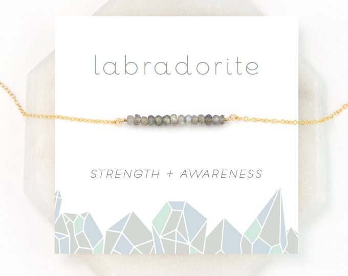 Natural Labradorite Necklace, Strength Crystal Jewelry, Tiny Stone Choker Beaded Bar Necklace, Minimalist Everyday Dainty Chain, Sister Gift