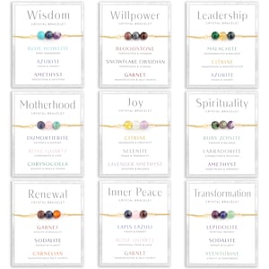 May include: Nine crystal bracelets on white cards, each with a gold chain. The cards display the bracelet's theme, such as "Wisdom" or "Leadership", and the associated gemstones like Amethyst and Citrine. The bracelets are for sale.