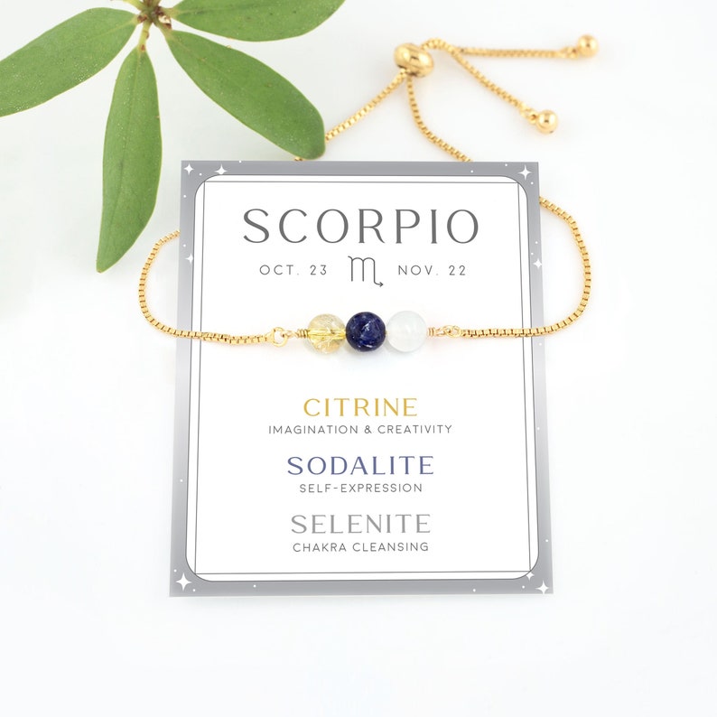 Scorpio Bracelet Gift, Custom Zodiac Crystal Set Bolo Bracelet, Citrine November Astrology Gift Under 30, Star Sign Gift for Sister / Teen image 1