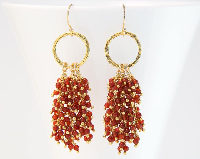 Red Jade Beaded Tassel Earrings, Gold Hammered Hoop, Statement Jewelry, Wire Wrapped Earrings, Jewelry Trends, Boho Jewelry, Bauble Earrings