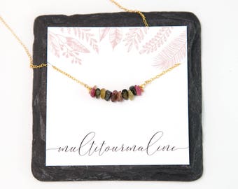 Raw Multi Colored Tourmaline Bar Necklace, October Birthstone Gift for Her, Natural Gemstone Bar Necklace, Layering Choker Gold / Silver