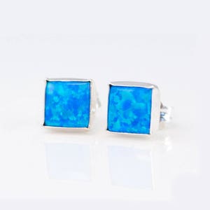 Pu&ograve; includere: Un paio di orecchini a perno d'argento con pietre di opale blu quadrate.