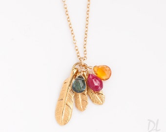 Children Birthstone Necklace, Personalized Gift for Mom, Gift for Grandma, Feather Charm Necklace, One of a Kind Gift, 14k Gold Filled