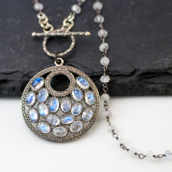 Regenbogen Mondstein Halskette - Pave Halskette - Juni Birthstone Halskette - oxidiert Silber Halskette - Gunmetal Silber - Lariat Halskette