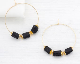 Rough Black Tourmaline Hoop Earrings, Raw Boho Statement Stone Jewelry, Crystal Earrings, Chunky Hoops, Birthday Gift Ideas