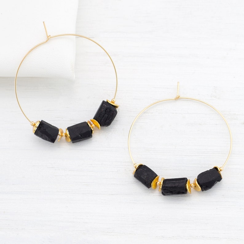 Rough Black Tourmaline Hoop Earrings Raw Boho Statement Stone image 0