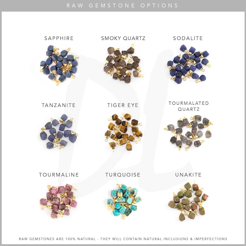 May include: Assortment of raw gemstone options for jewelry making.  The gemstones are displayed in groups of 12, with each group labeled with the gemstone name.  The gemstones include sapphire, smoky quartz, sodalite, tanzanite, tiger eye, tourmalated quartz, tourmaline, turquoise, and unakite.