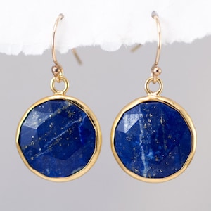 Blue Lapis Earrings - September Birthstone Earrings - Round Gemstone Earrings - Gold Earrings - Drop Earrings