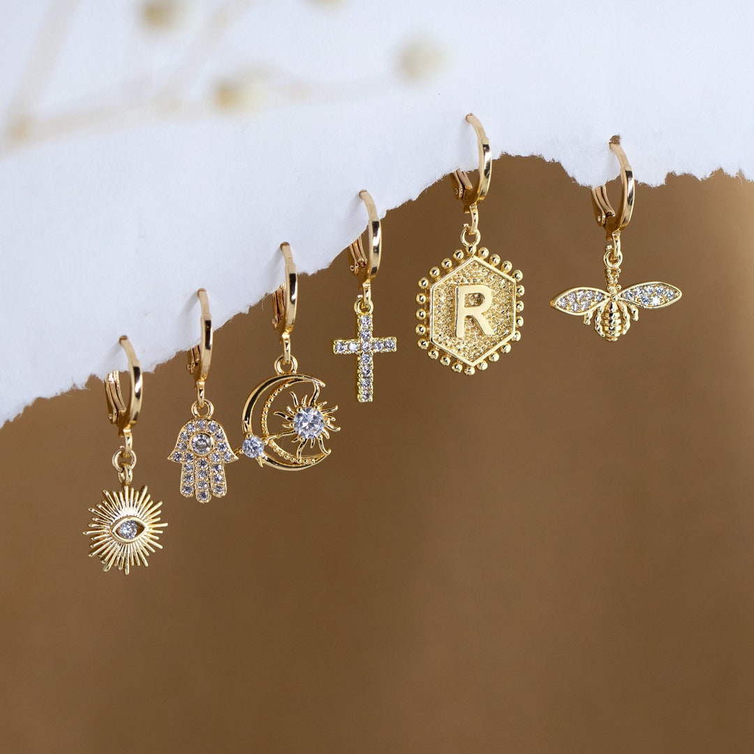 Dainty Everyday Ear Stack Set, Personalized Initial Earrings, Evil Eye  Cross Bee Hamsa Charm Huggies, Bridesmaid Gift, Gold Hoop Earrings - Etsy