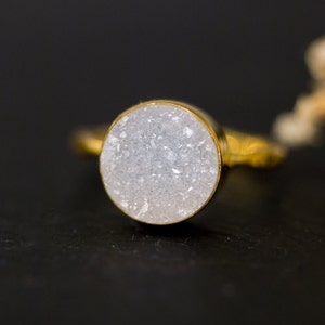 Simple Round Druzy Ring, April Birthstone, Gemstone Ring, Stacking Ring, Druzy Quartz, White Druzy, Raw Stone, White and Gold Ring