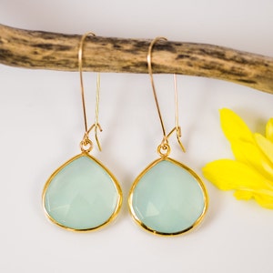 Aqua Blue Chalcedony Earrings - Long Dangle Earrings -  Gemstone Earrings - Gold Earrings