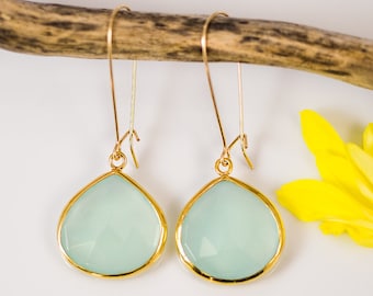 Orecchini in calcedonio blu acqua - Orecchini pendenti lunghi - Orecchini con pietre preziose - Orecchini in oro