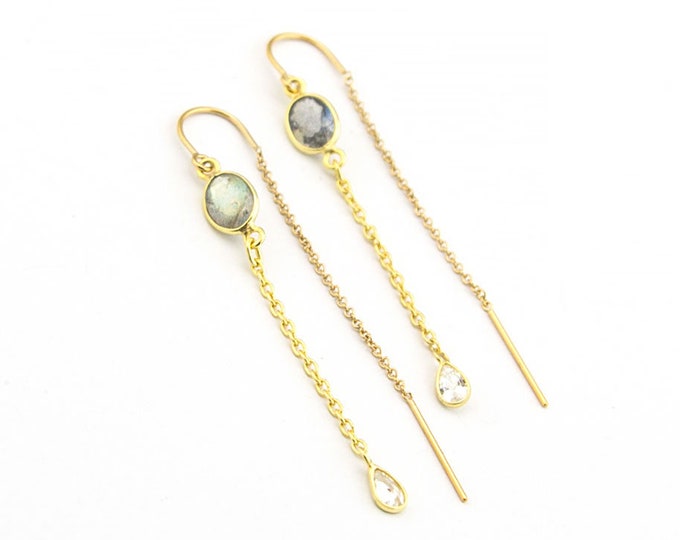 Gold Labradorite Dangle Earrings, Threader Earrings, Geometric Jewelry, Modern Earrings, Celestial Jewelry, Minimalist Threaders, TH-DR
