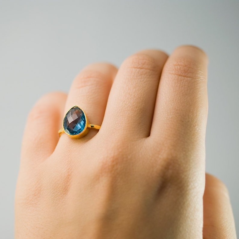 London Blue Topaz Stacking Ring Bezel Ring Topaz Quartz Gemstone Ring Gold Ring December Birthstone image 9