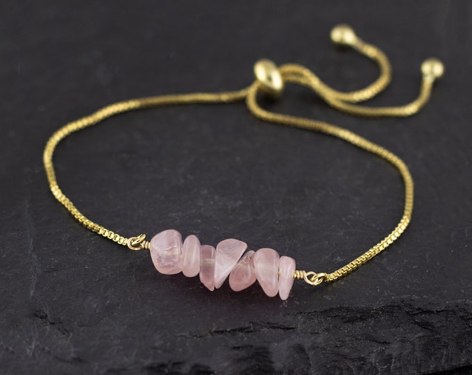 Natural Rose Quartz Beaded Bracelet, Pink Crystal Stacking Bracelet, Gold Adjustable Box Chain, Crystal of Love Birthday Gift for Girlfriend