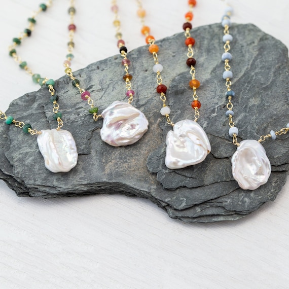 Collana Pendant Con Perle Barocche Keshi E Amazzonite Multicolore - Placcato Oro Giallo
