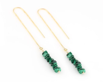 Natural Malachite Gem Thread Thru Earrings, Handmade Raw Green Bar Stone  Jewelry,  Rough Gemstone Threaders, Friendship Gift