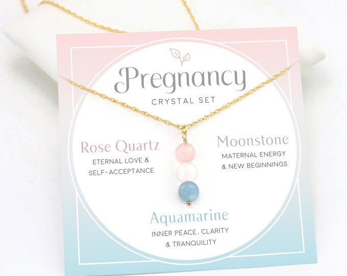 Baby Shower Jewelry Gift, Pregnancy Crystals for Mama to be, Fertility Crystal Set Gift Necklace, Rose Quartz Aquamarine Moonstone Set