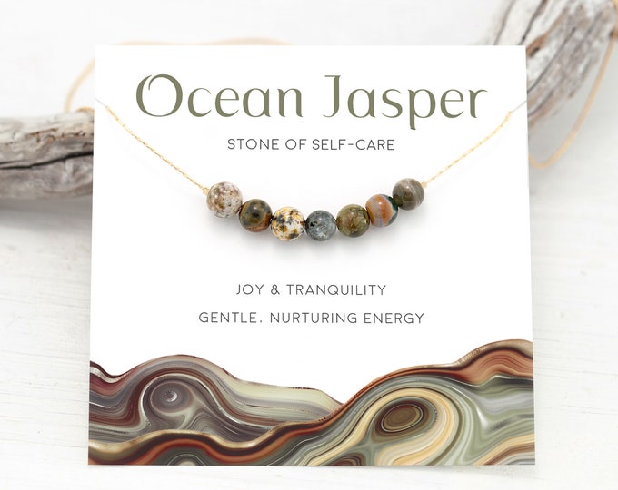 Ocean Jasper Necklace, Natural Beaded Gemstone Choker, Encouragement Gift, 14k Gold Filled Chain, Inspirational Gift for Friend Birthday