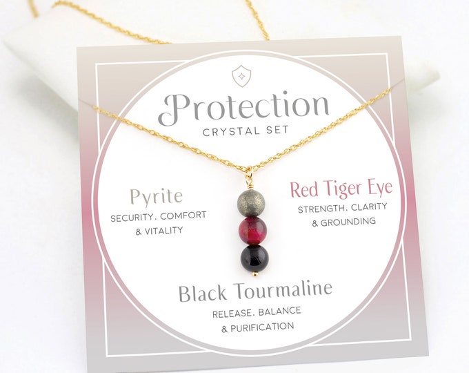 Protection Crystal Set Bead Necklace, Triple protection necklace, Natural Crystal Necklace, Black Tourmaline, Amulet Talisman for protection