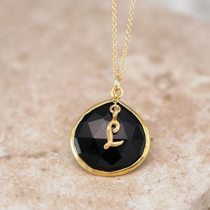 Black Crystal Onyx Necklace, Stone of Protection, Script Initial Necklace, Birthday Gift for Her, Black Crystal Jewelry, Gifts for Her