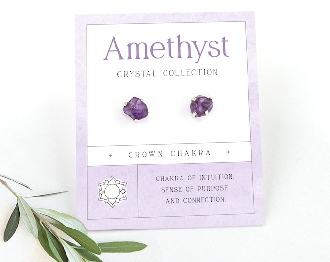 Purple Amethyst Raw Crystal Studs, February Birthstone  Genuine Gemstone Earrings, Gifts under 30, Stud Earring Set 925 Silver