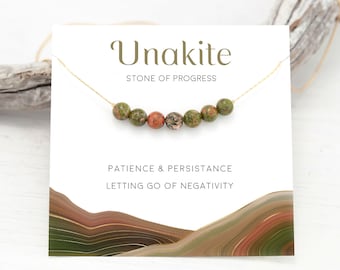 Natural Unakite Jasper Necklace, New Job Gift, Crystal Energy Bar Necklace, Stone of Progress, Dainty Gemstone Choker, Bridesmaid Gift