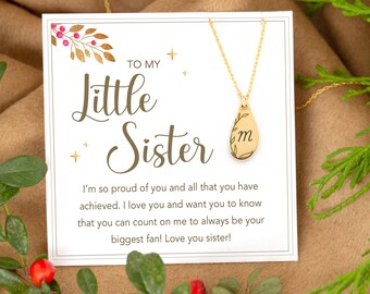 To My Little Sister Gold Personalized Custom Engraved Initial Necklace on Message Card, Lil Sis Necklace Gift, Sis Christmas Gift under 20