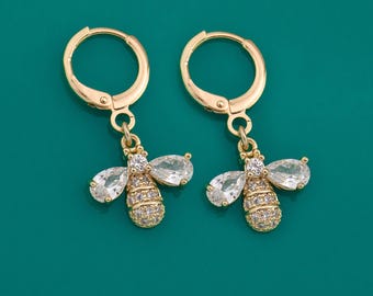CZ Bumblebee Charm Huggies, Tiny Huggie Hoops Gold, Everyday Stacking Earrings, Pave Diamond Dainty Dangle Hoops, Bridesmaid Jewelry Gift
