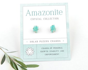 Dainty Rough Amazonite Stud Earrings, Stress Relief Balance Crystal, Raw Gemstone 925 Silver Prong Studs, Bridesmaid Gift Ideas