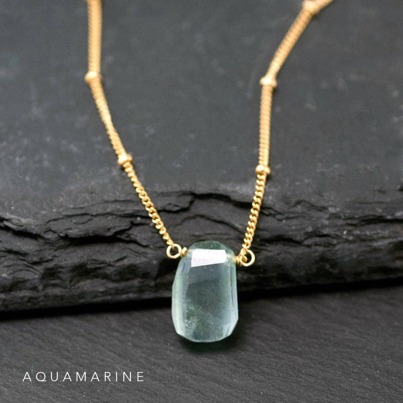 Dainty Stone Pendant Necklace, Simple Genuine Gemstone Necklace, Satellite Chain Choker, Real Birthstone Charm Jewelry, Birthday Gift Women Aquamarine