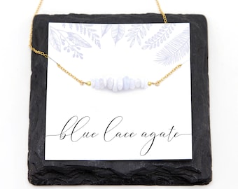 Blue Lace Agate Beaded Bar Necklace, Something Blue Bridal Jewelry Gift, Natural Gemstone Handmade Jewelry, Minimalist Layering Choker