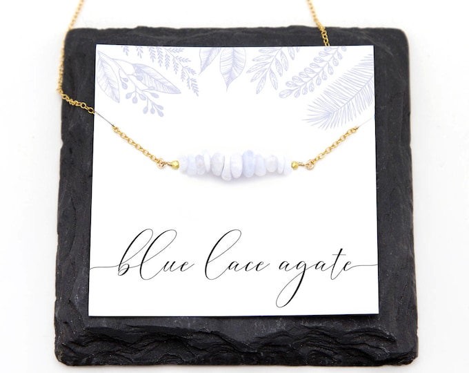 Blue Lace Agate Beaded Bar Necklace, Something Blue Bridal Jewelry Gift, Natural Gemstone Handmade Jewelry, Minimalist Layering Choker